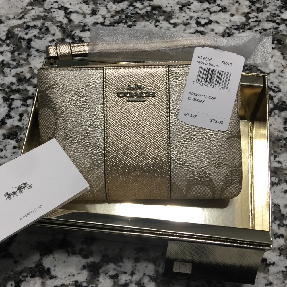 Coach NEW wristlet, platinum gold & antique tan